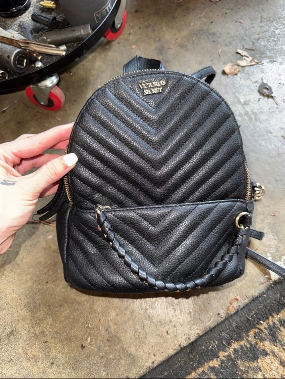 Victoria's Secret Black Quilted Chevron Mini Backpack with Braided Handle